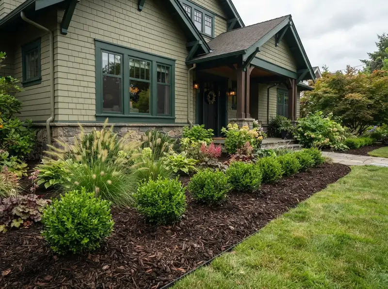 Fresh bark mulch in garden bed
