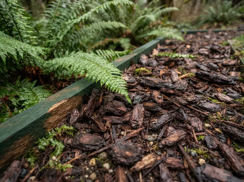 Fresh wood bark mulch in garden bed Fresh wood bark mulch in garden bed