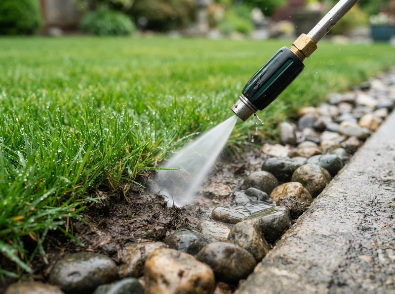Pressure washing near a manicured lawn Pressure washing near a manicured lawn